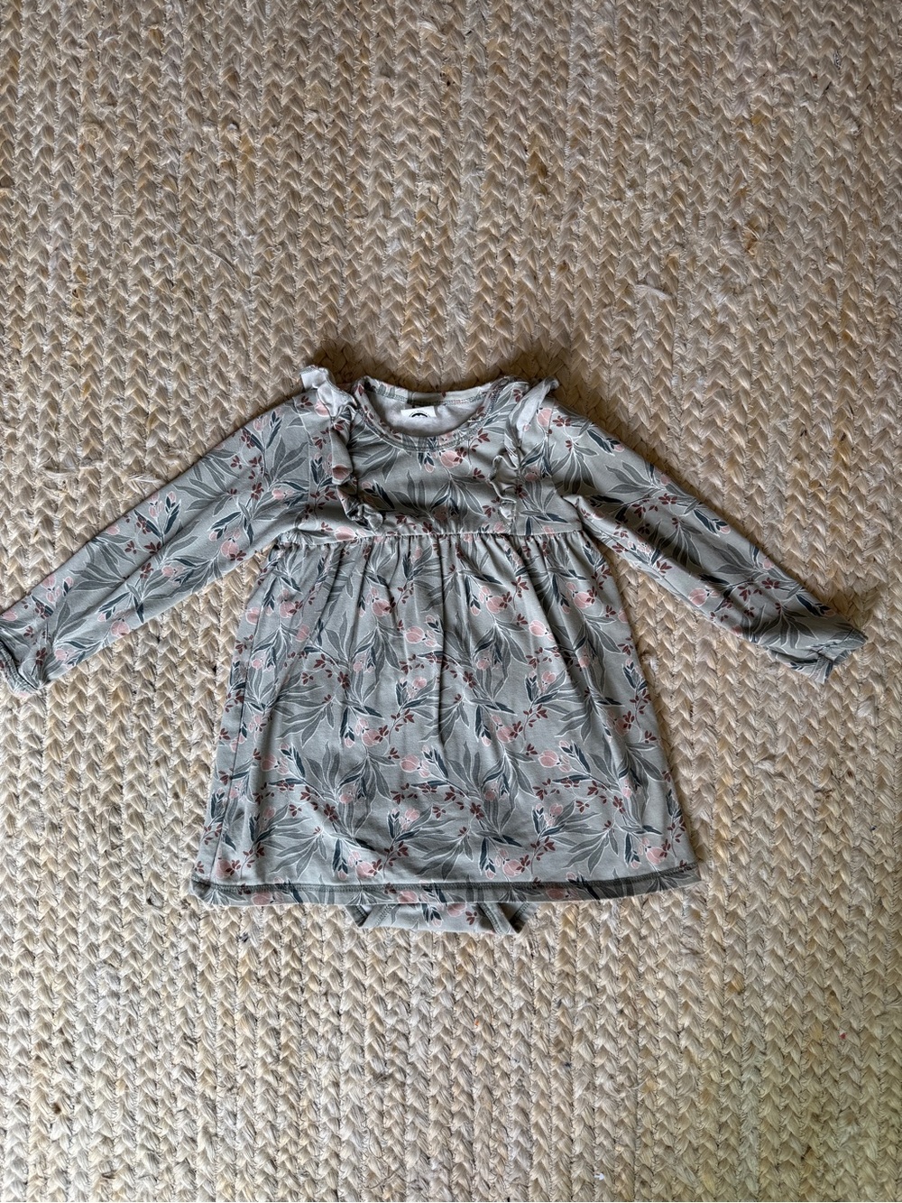 Long-Sleeve Floral Casual Dress in Sage Green for Girls